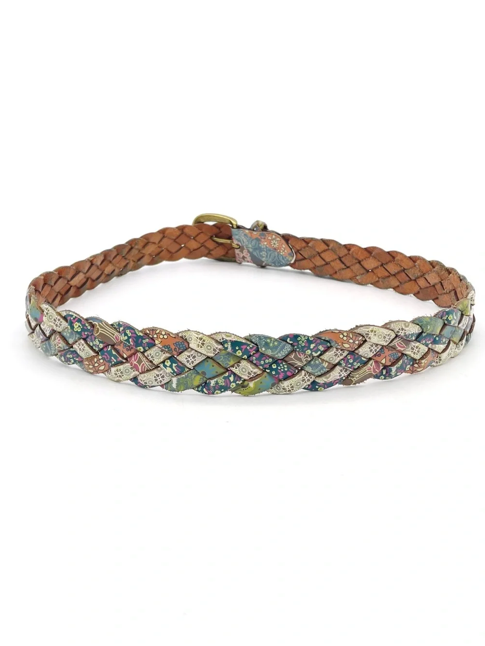 Fossil Braided Leather Belt Sz M Multicolor Patchwork Floral Boho Brass Buckle